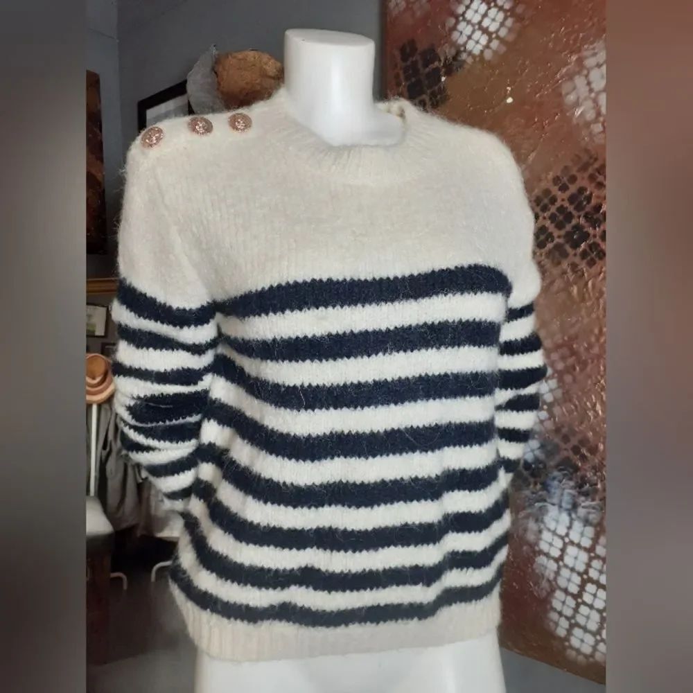 Nwot Zara Wool Blend Cream And Navy Striped Sweater